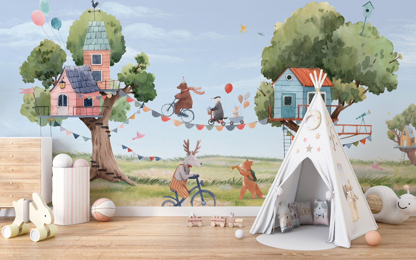 Treehouse party wallpaper for kids room - Giffywalls