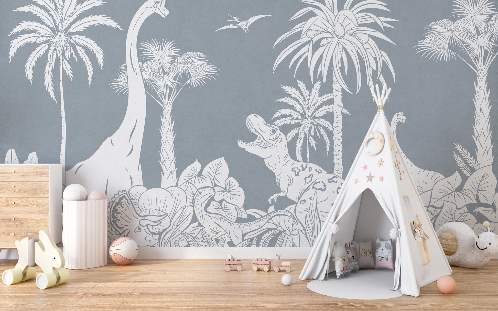 Stylish Monochrome Dino Blue wallpaper for kids' rooms