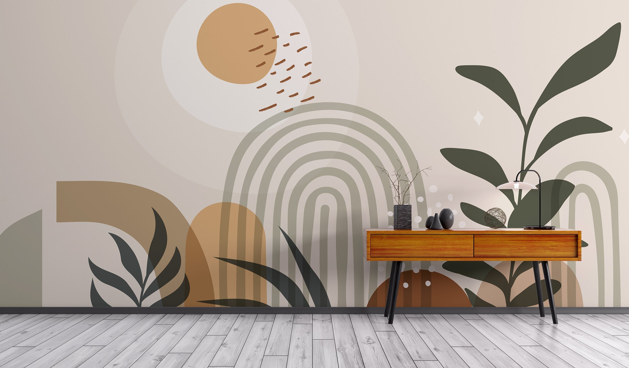 Serene wallpaper mural featuring a modern Zen garden design.
