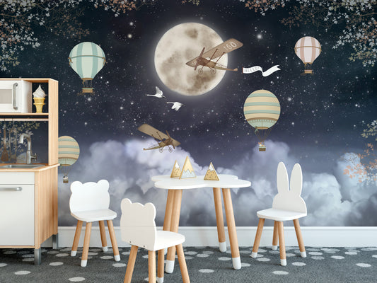 Shiny stars and balloons night wallpaper mural
