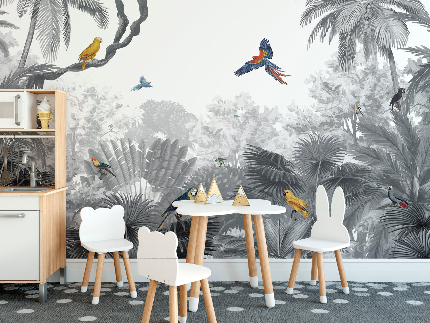 Jungle birds wallpaper with monochrome tropical foliage design