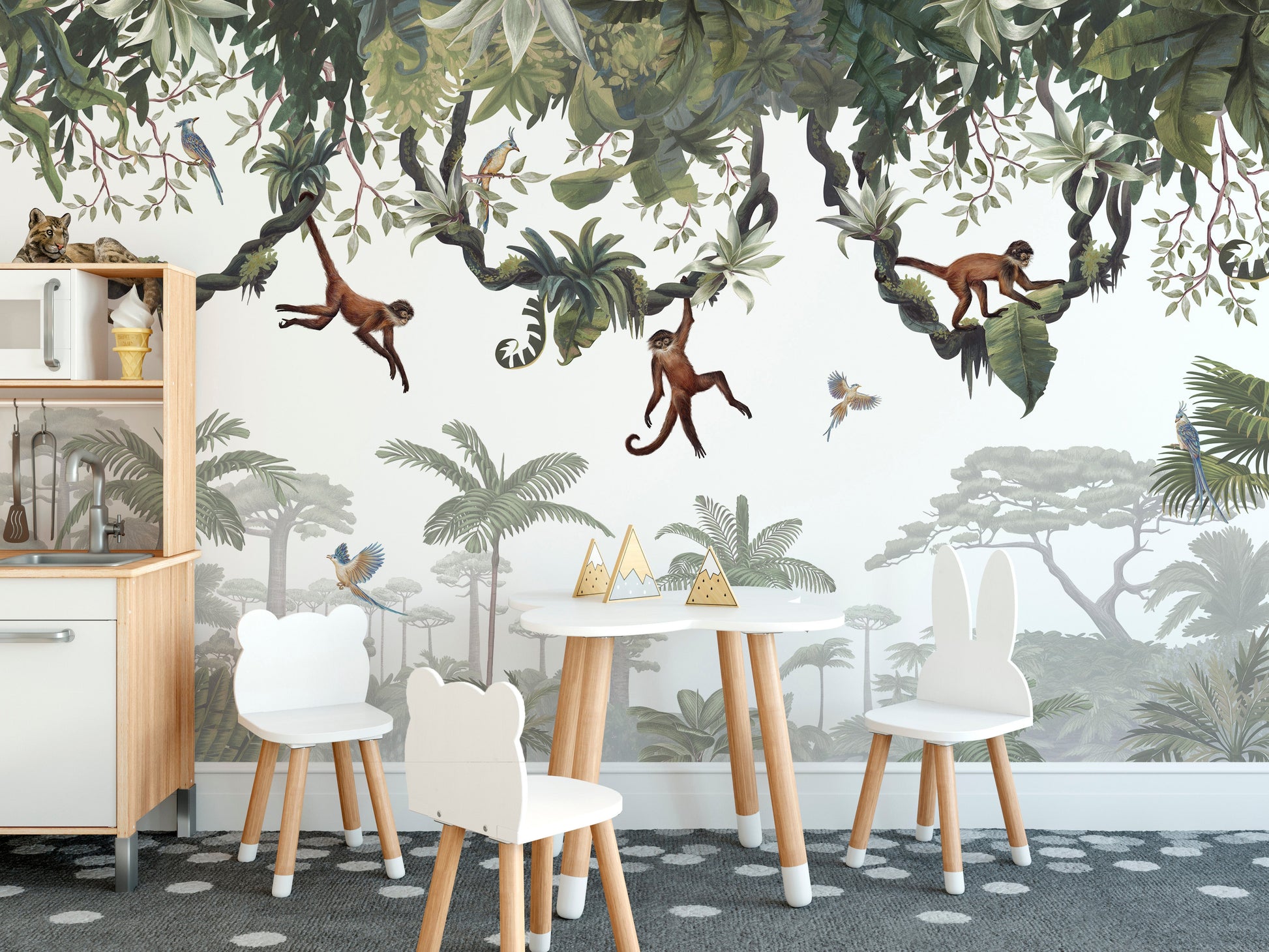 Hanging monkeys wallpaper featuring vibrant jungle design