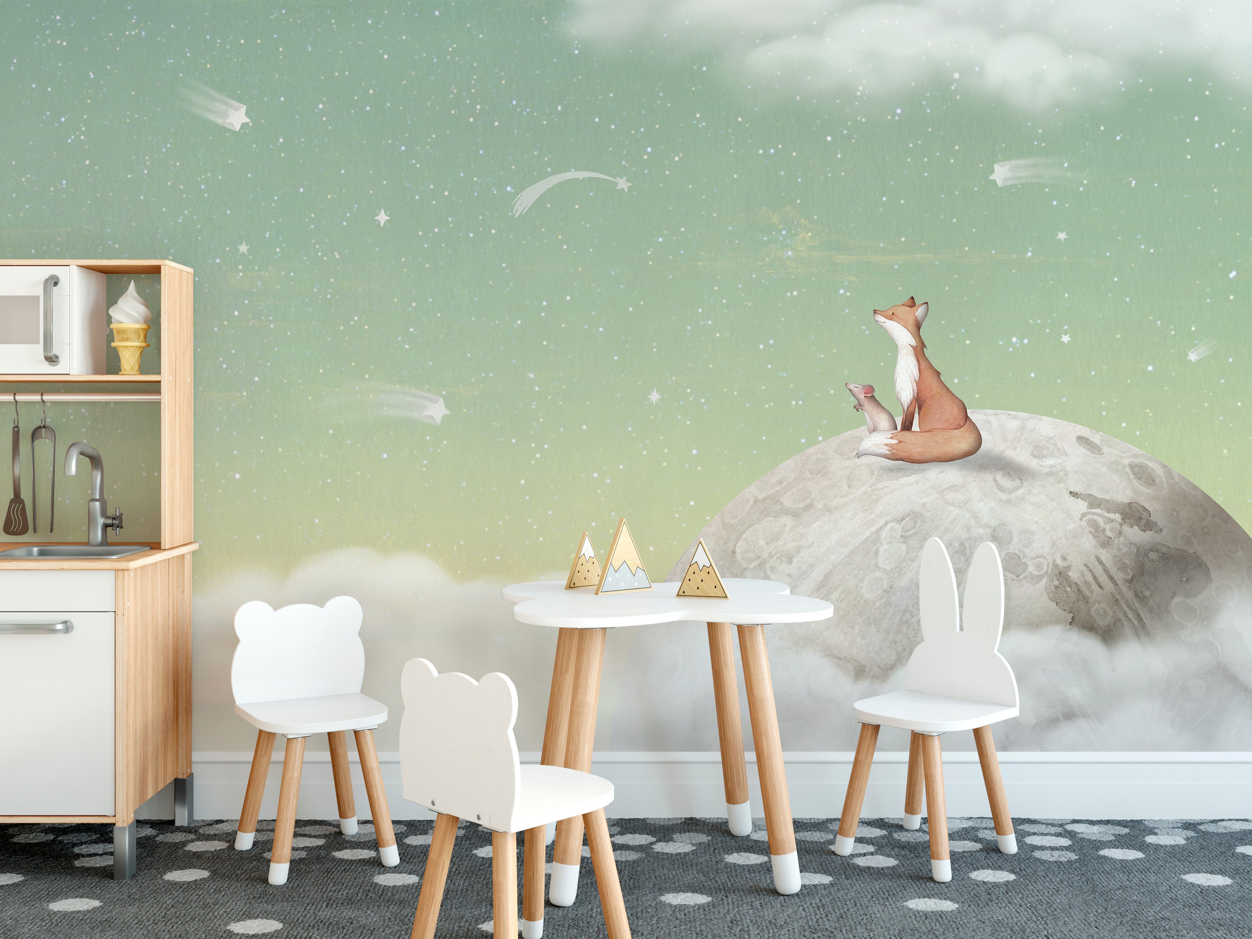 Fox On the Moon Green Wallpaper Mural