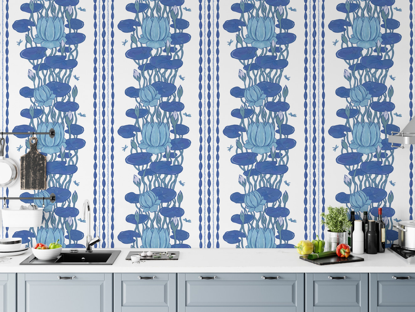 Classic lotus design wall murals in blue
