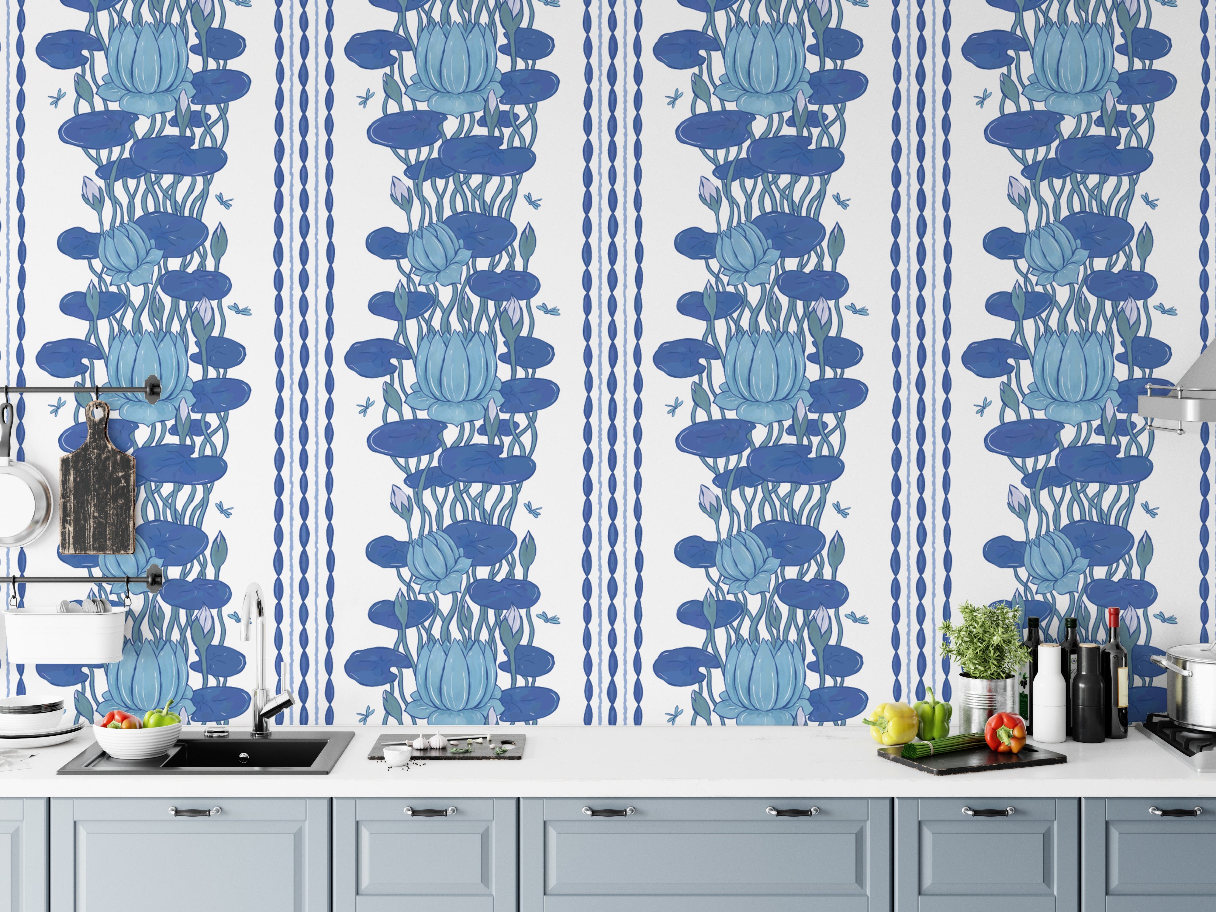 Vertical lotus stripe wallpaper in blue hues
