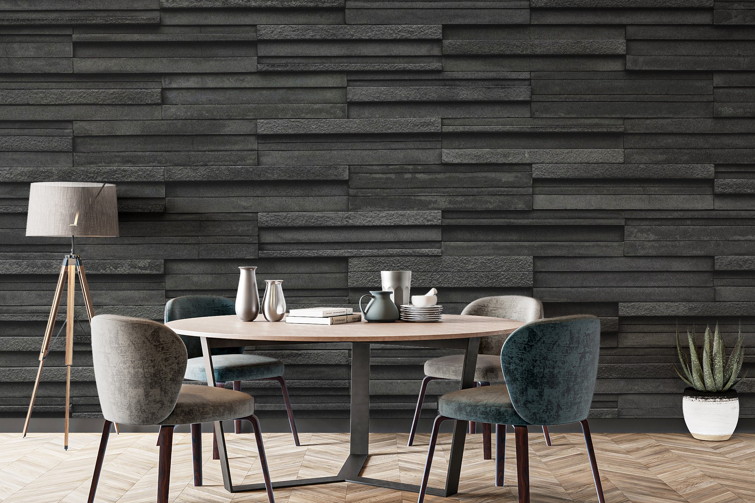 Textured Black Brick Slate Wallpaper Mural - Giffywalls