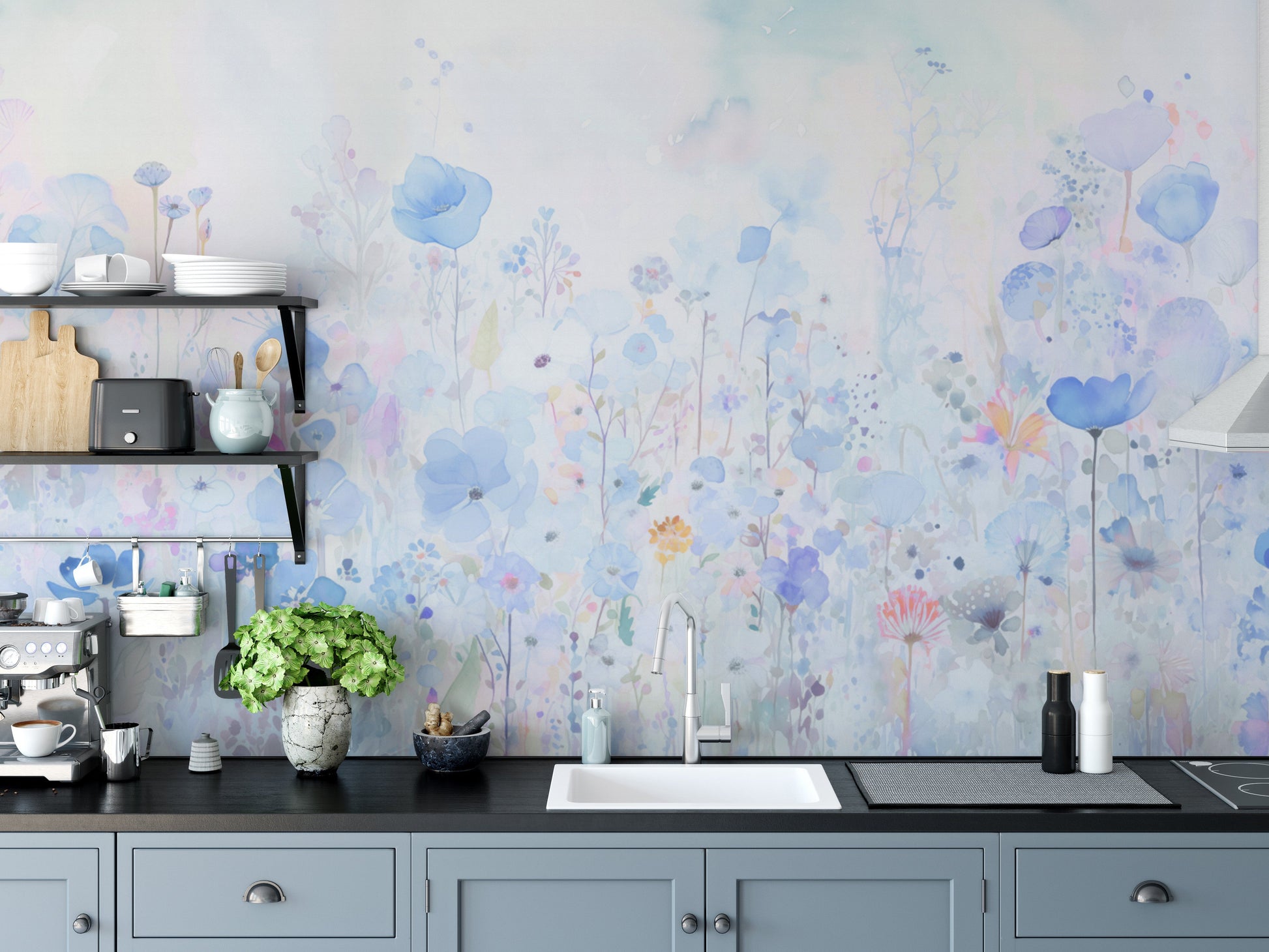 Watercolor Happy Flowers Blue Wallpaper - Giffywalls