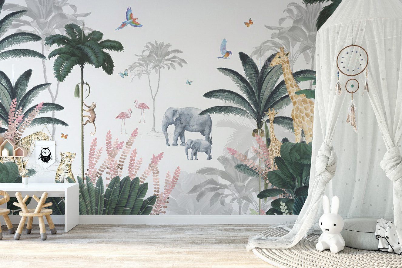 Tropical safari adventure wallpaper mural for kids' rooms.