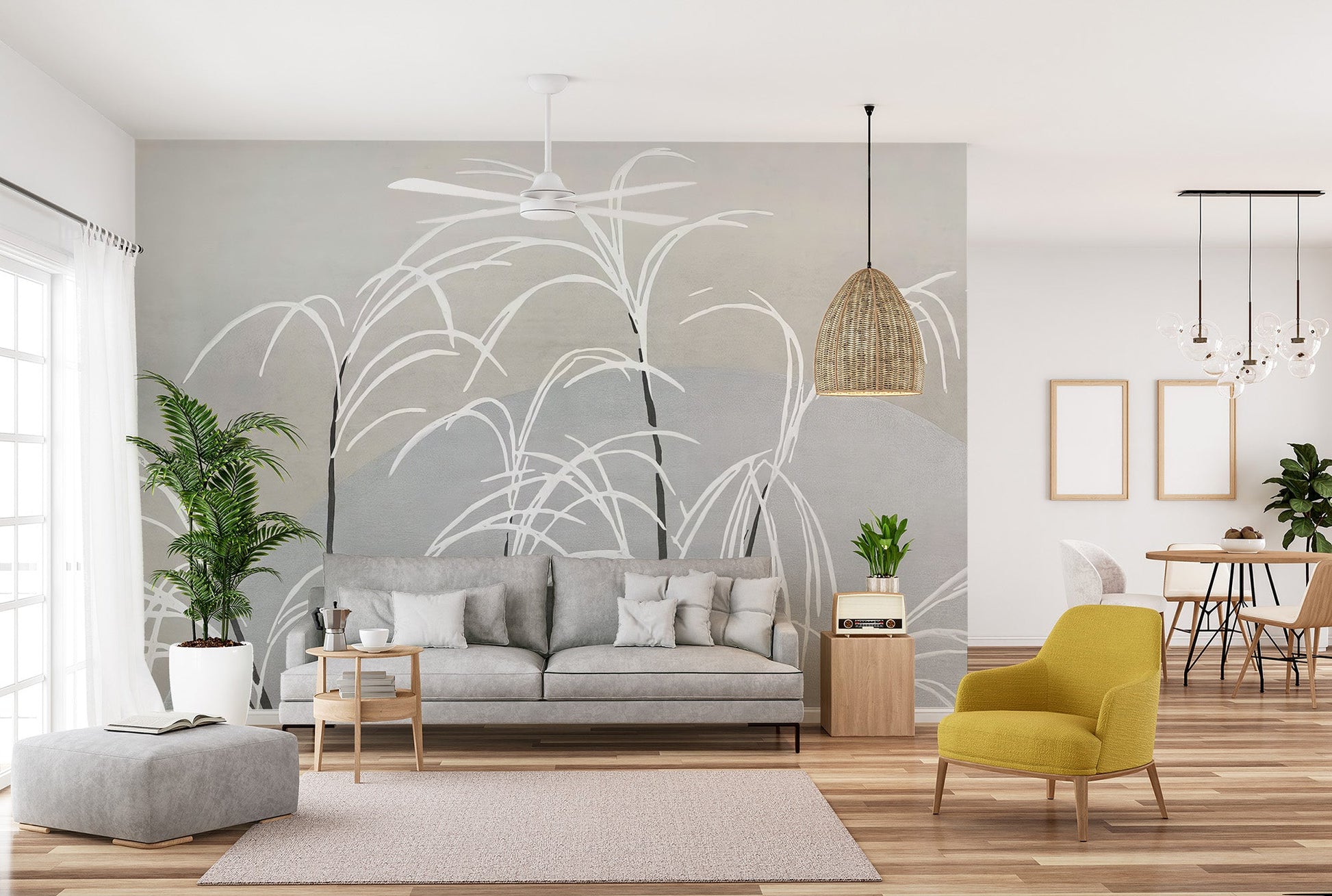 Wall mural showcasing moon and grass for cozy decor.