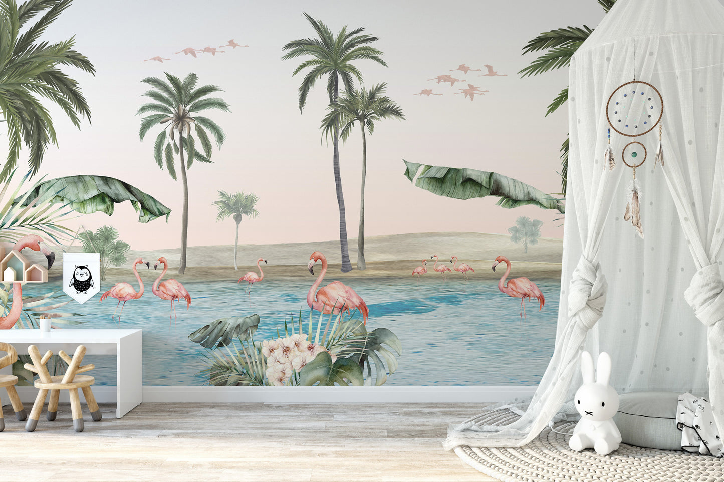 Flamingo oasis with pink background wallpaper - Giffywalls