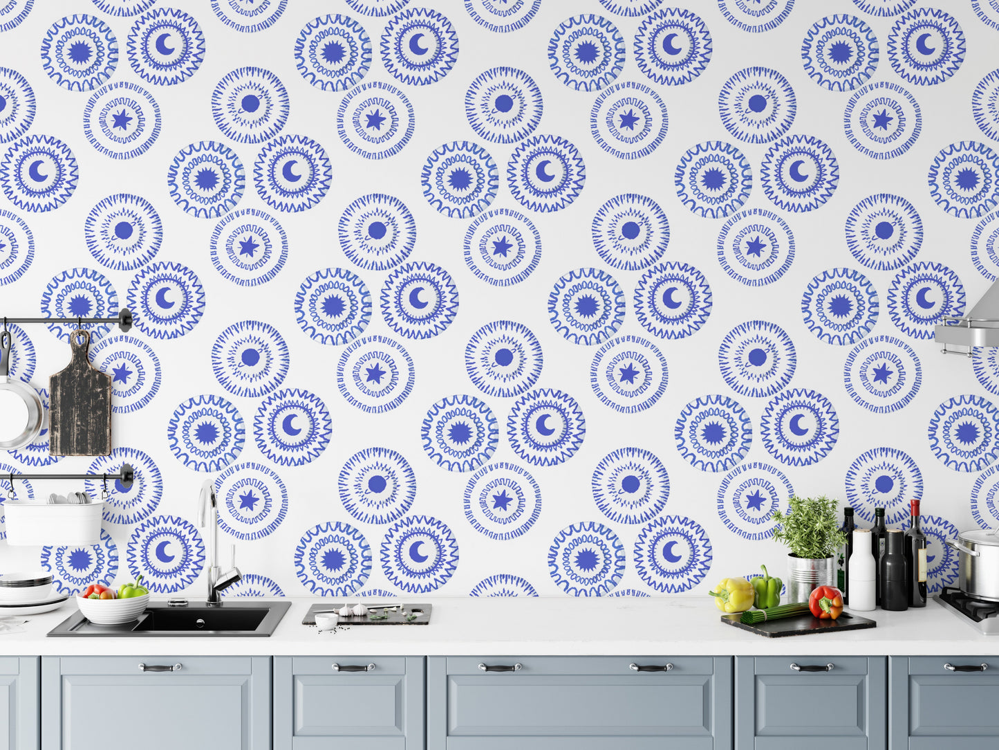 Whimsical porcelain blue wallpaper for a playful yet refined touch.
