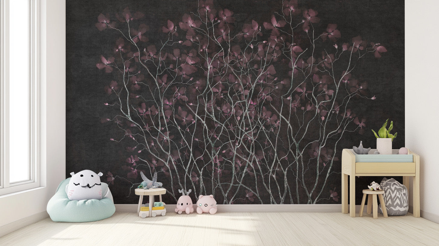 Dark floral wallpaper mural with a mysterious nightshade vibe