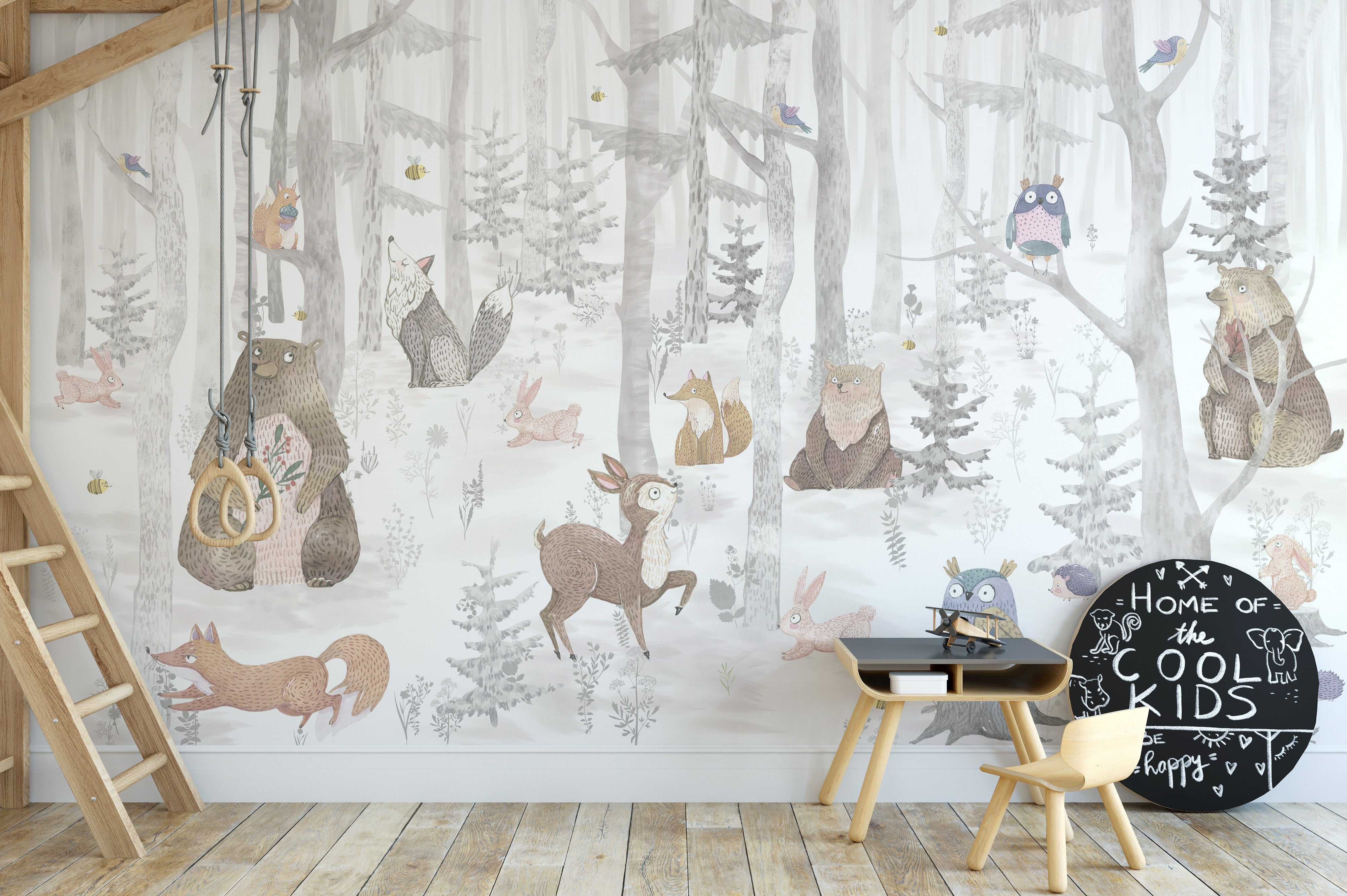 Scenic kids animal-themed wall mural design
