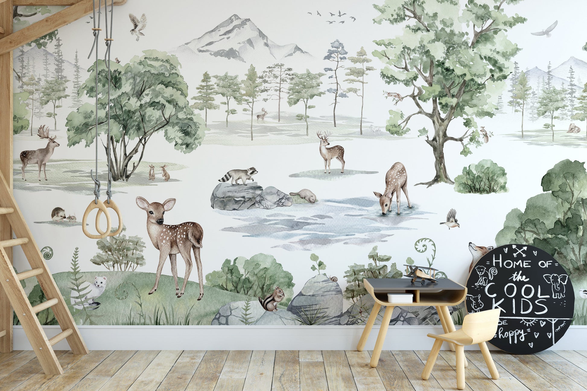 Watercolor deer wallpaper with winter forest animal design