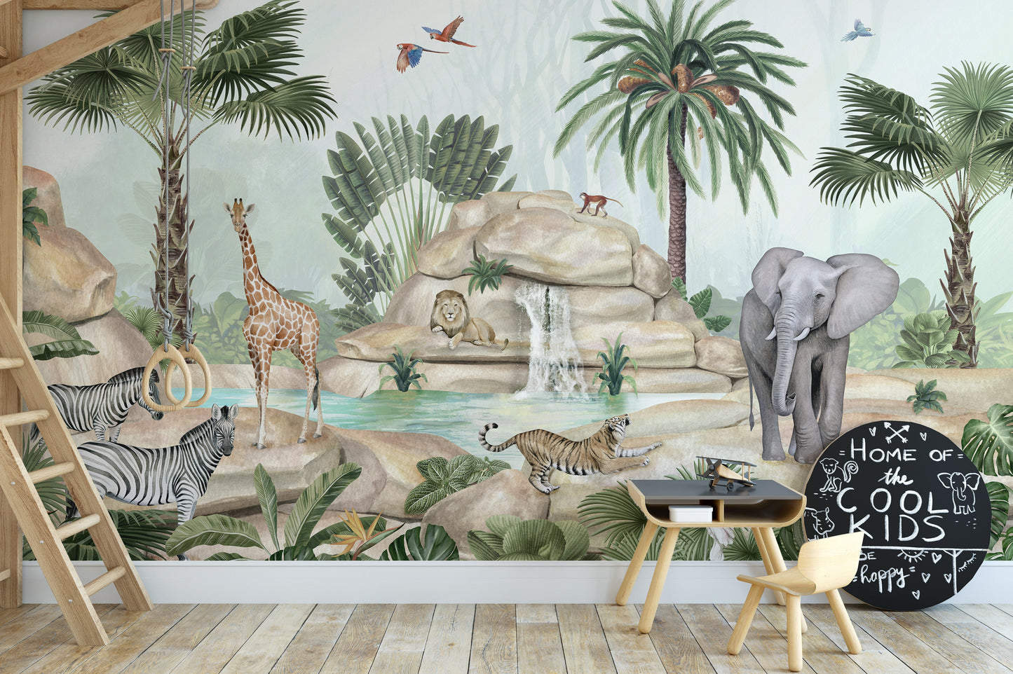 Watercolor wallpaper mural with safari animals and waterfall