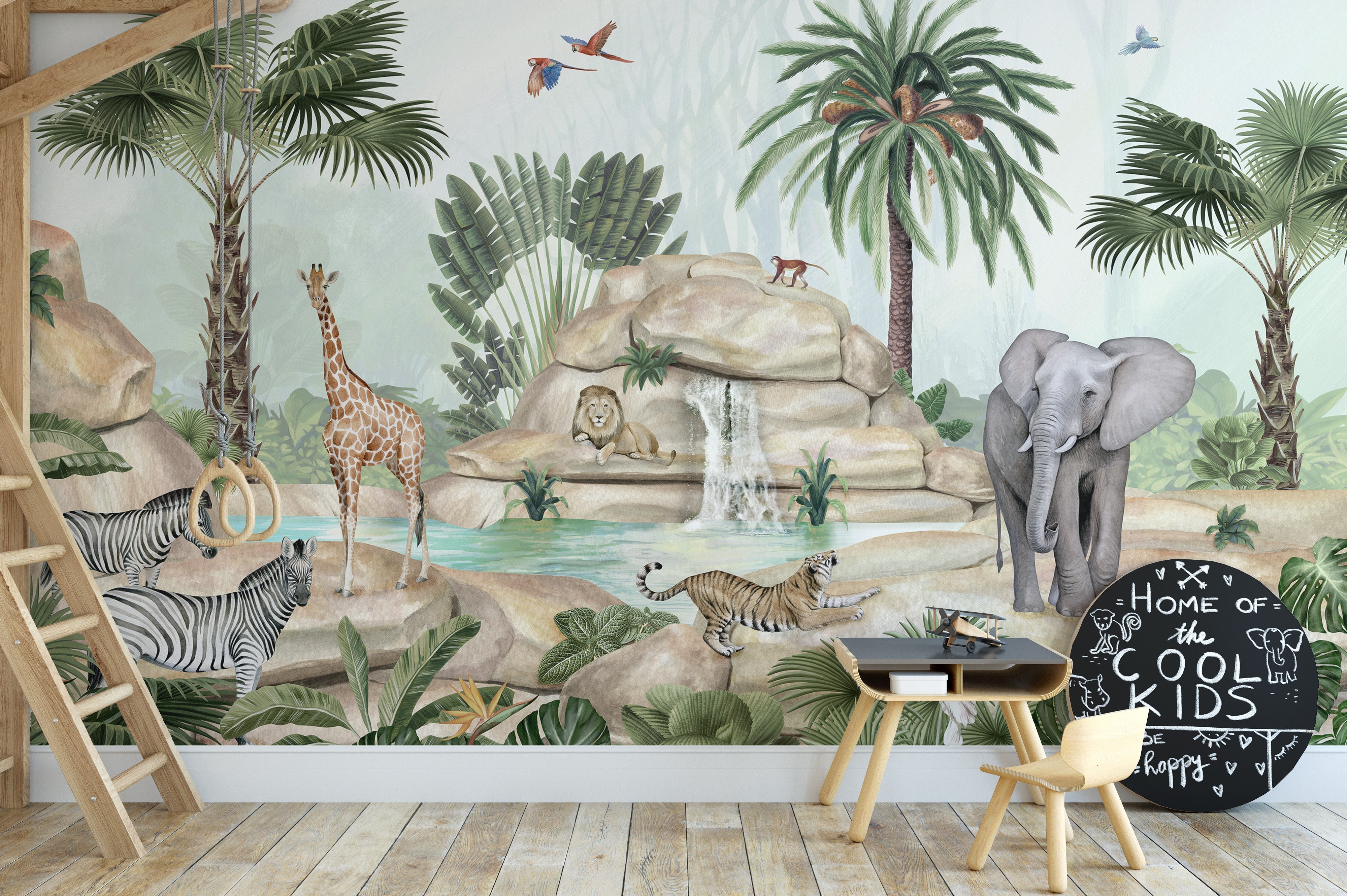 Watercolor wallpaper mural with safari animals and waterfall