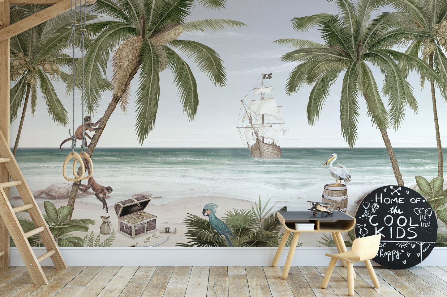 Beach-themed Pirate Bay mural wallpaper with treasure