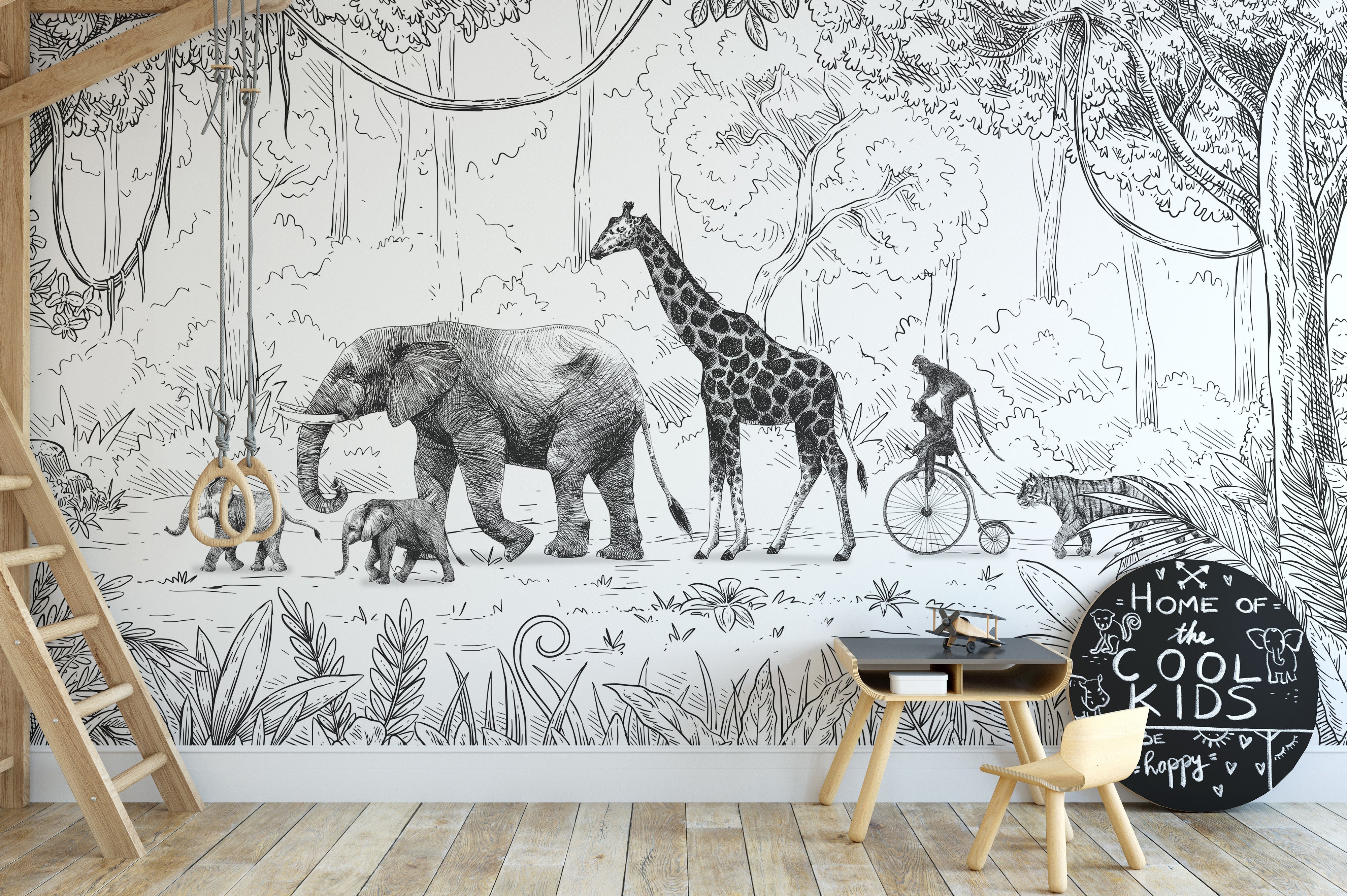 Animal Parade Black and White Wall Mural - Giffywalls