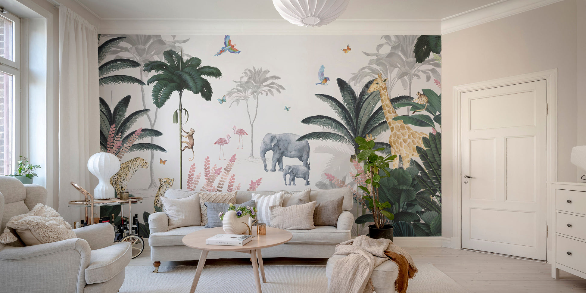 Safari-themed wallpaper mural featuring tropical animals.