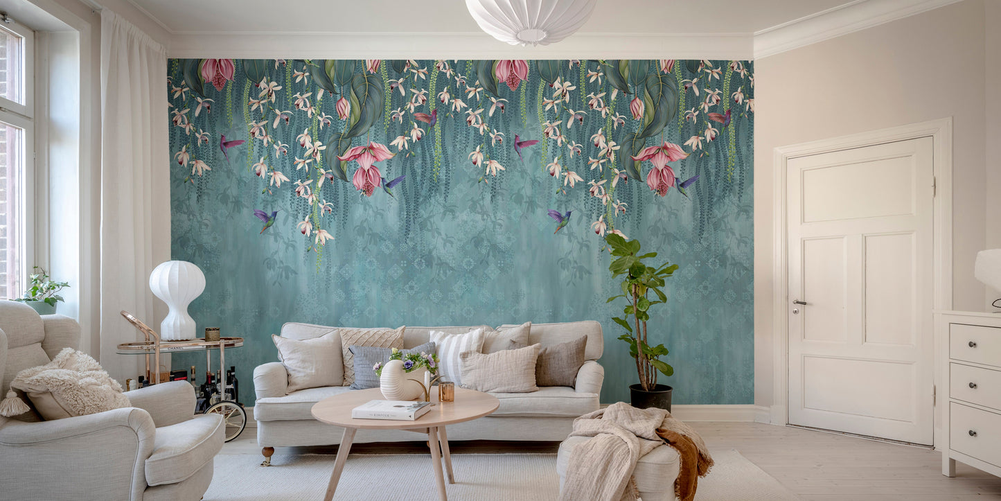 Hanging Pink Flower on Turquoise Wallpaper - Giffywalls