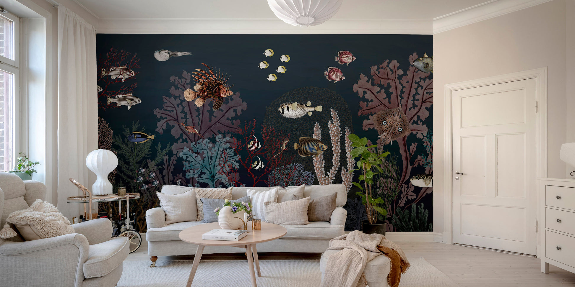 Underwater dark reef with fish wallpaper mural