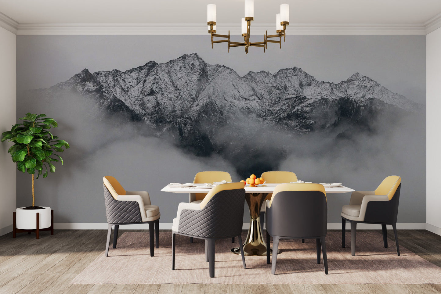 Calming Foggy Mountain Wall Mural Design
