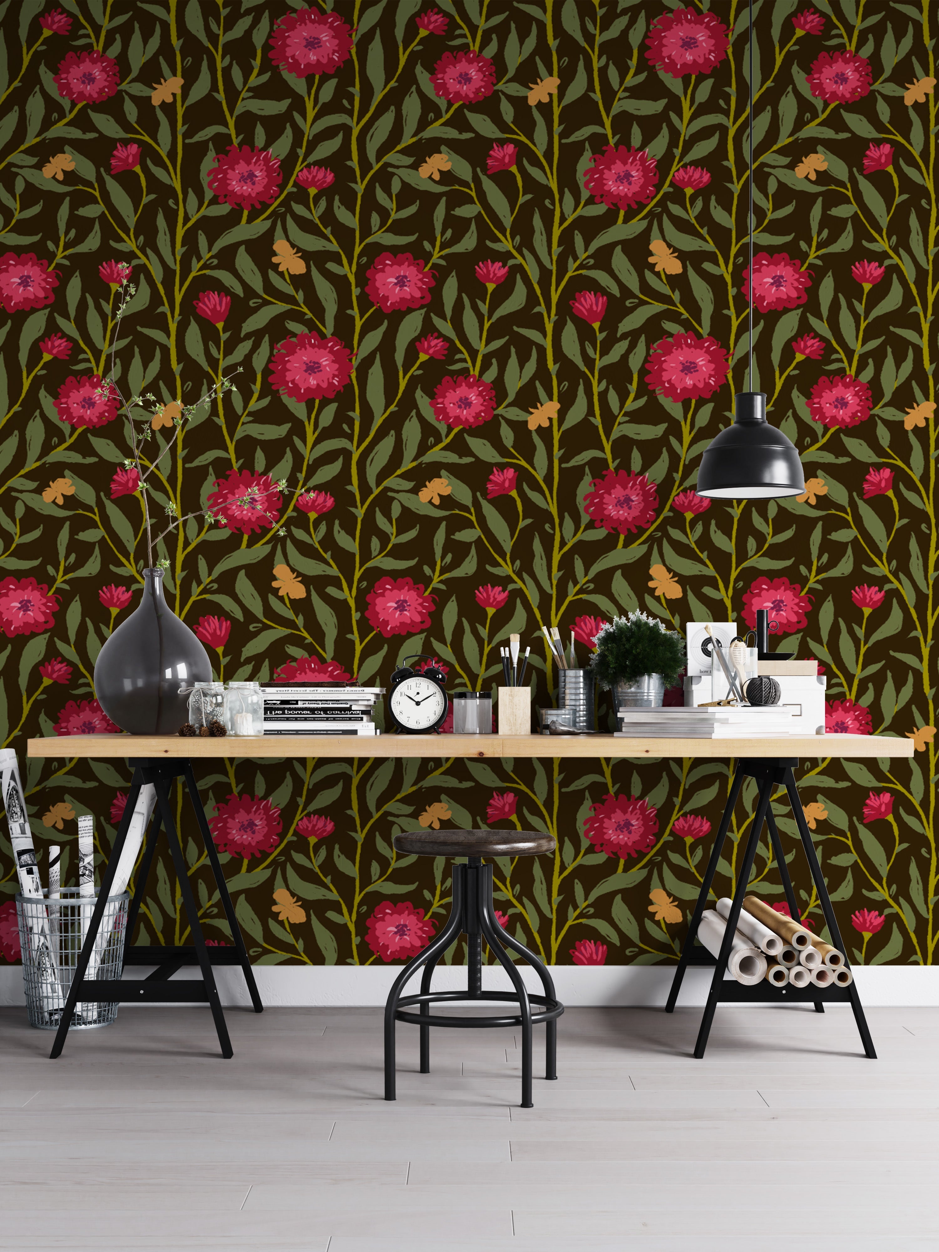 Artistic dark magenta trellis wallpaper for a unique and bold statement.
