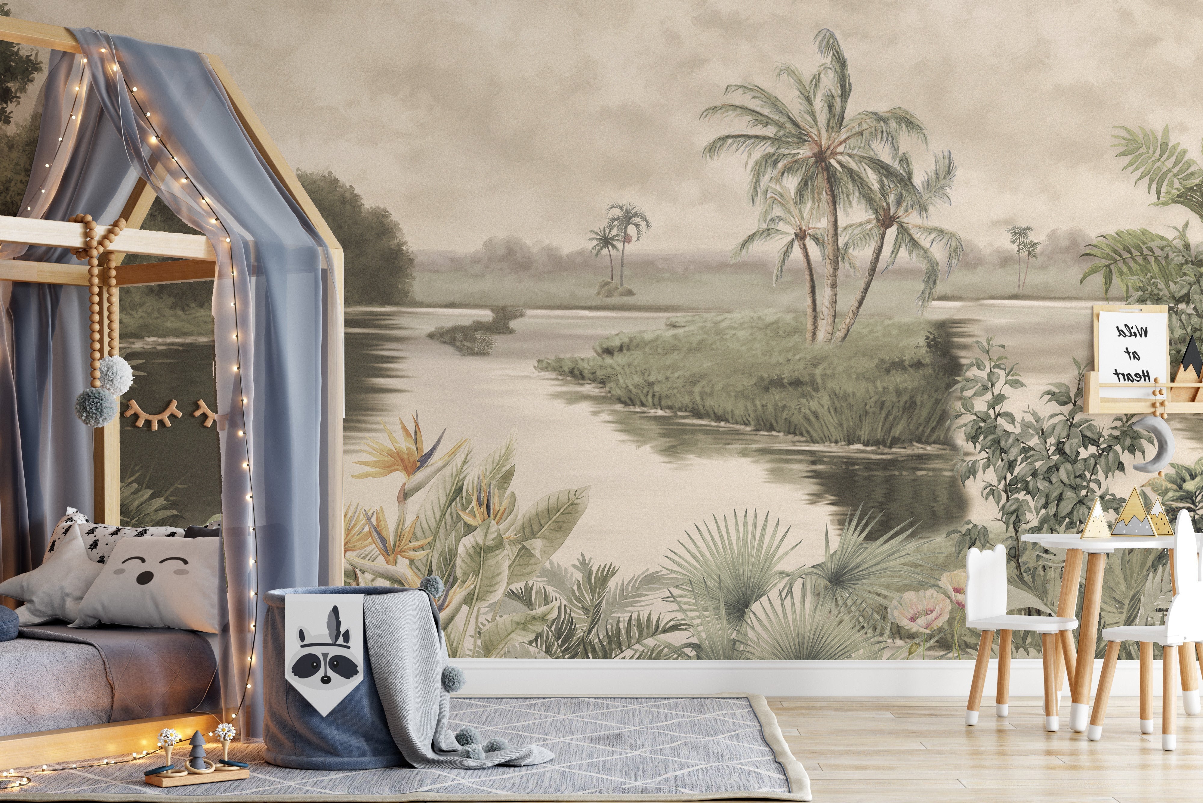 Peaceful lake wallpaper mural with natural mountain design