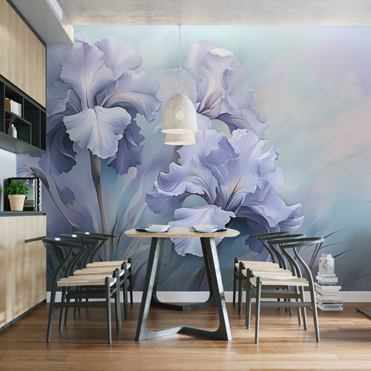 Wild purple iris wallpaper murals for a bold, nature-inspired room.