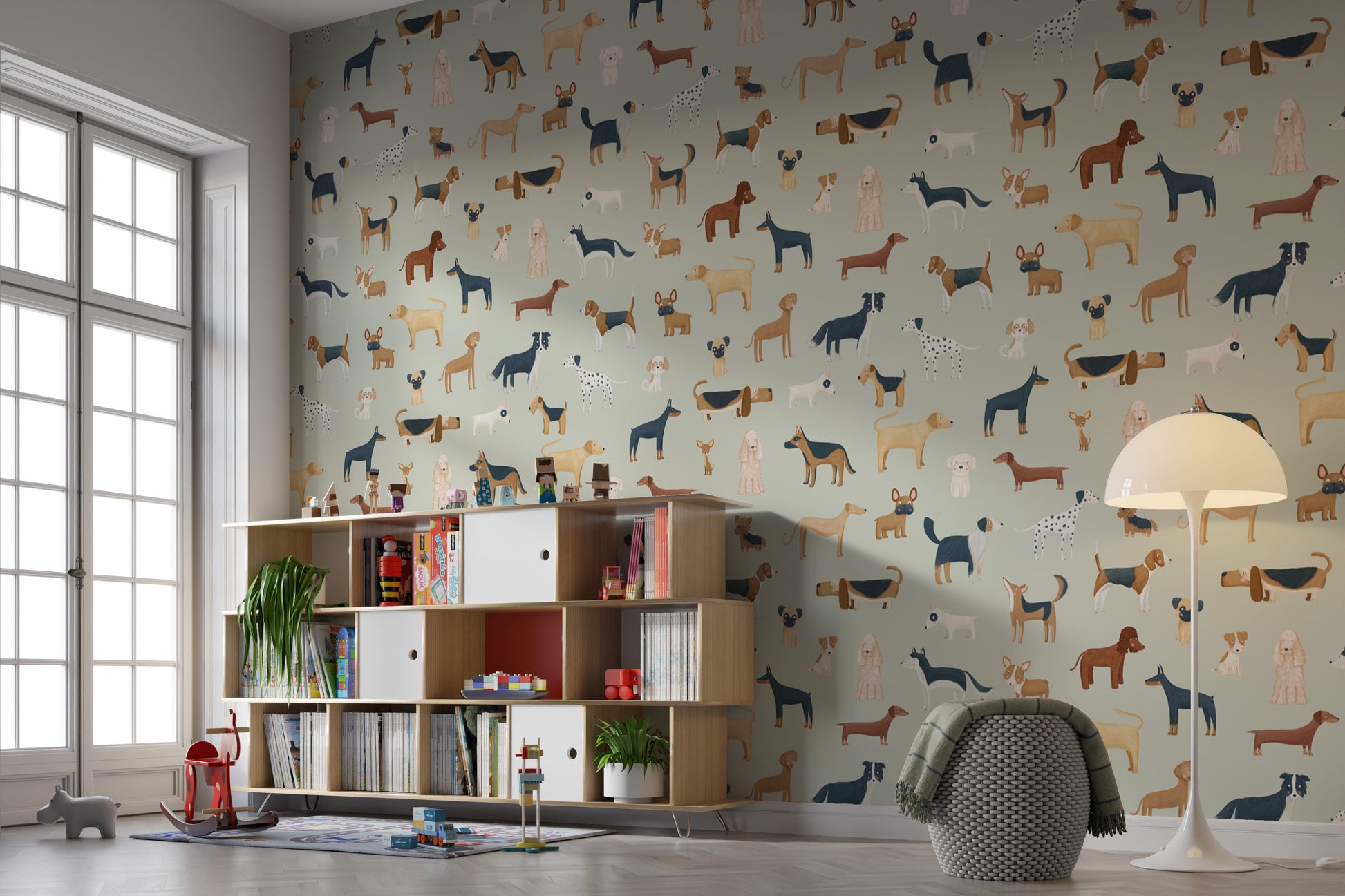 Puppy-themed wallpaper perfect for nursery walls
