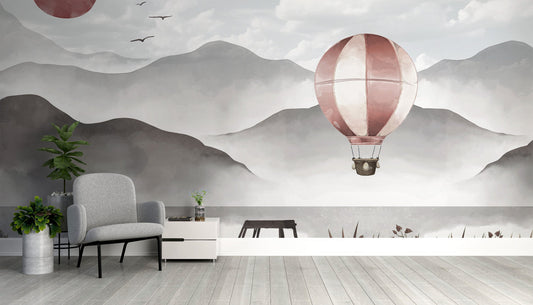 Misty peaks wallpaper mural with a soaring hot air balloon