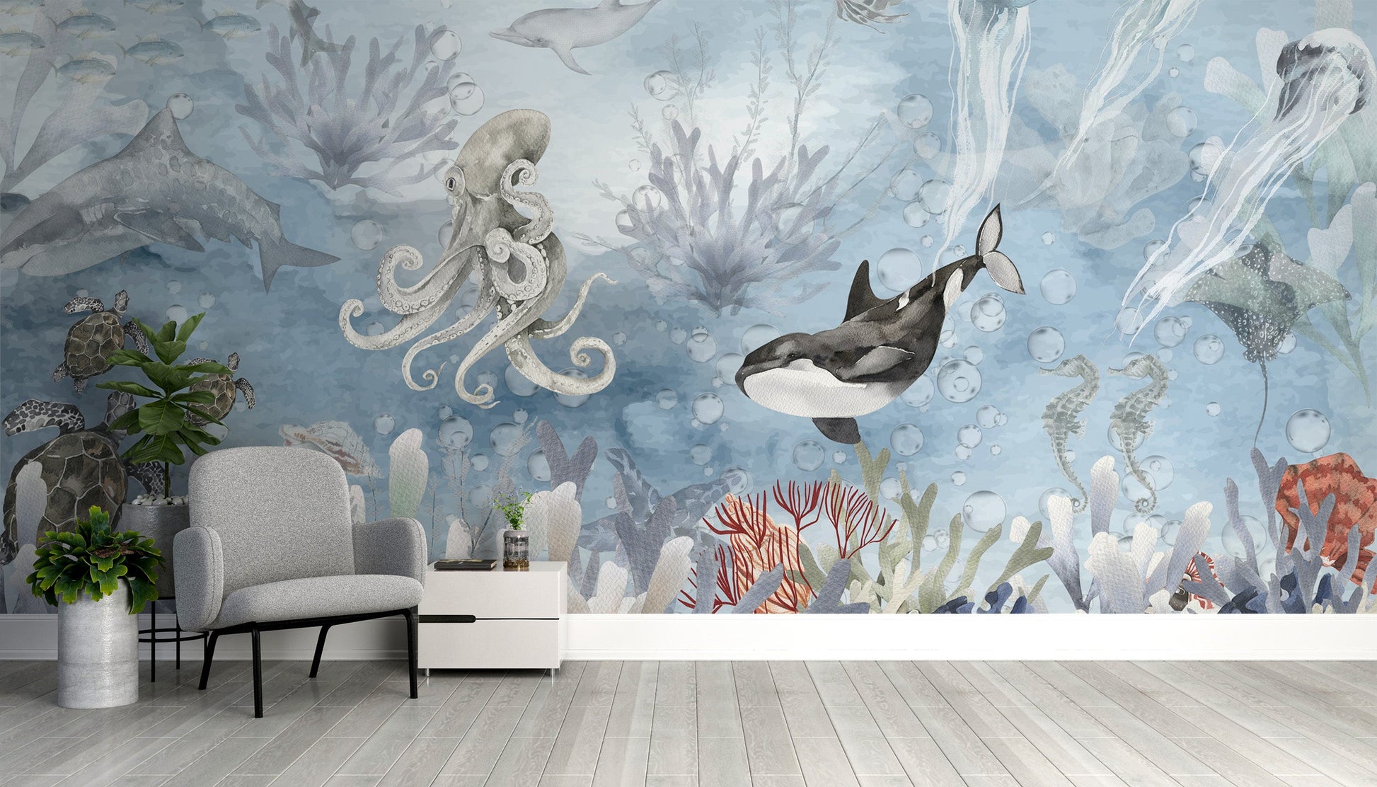 Deep sea wallpaper mural with a captivating symphony design.
