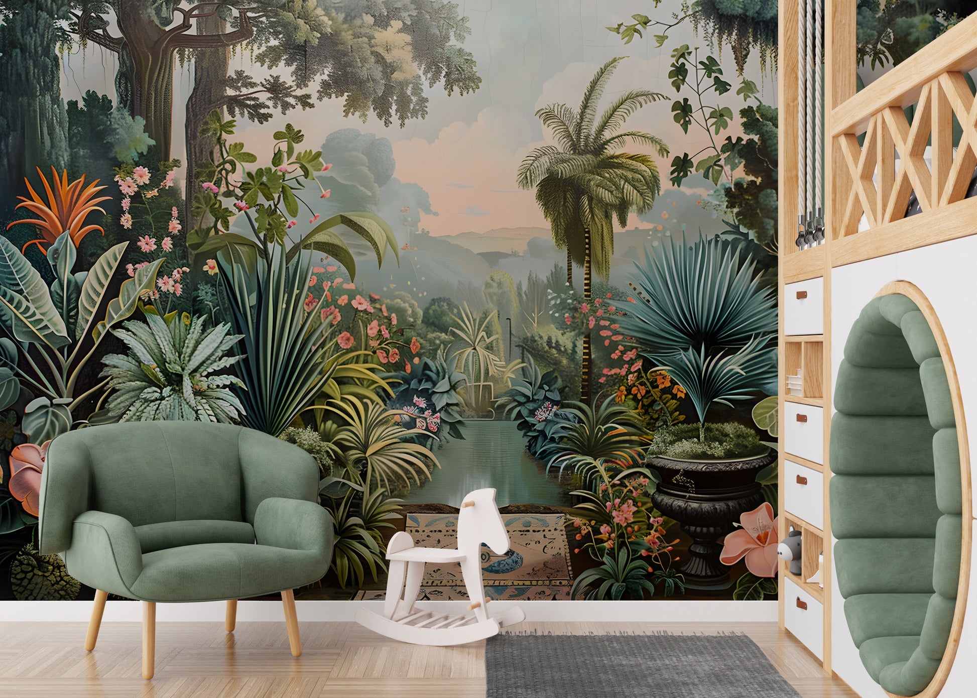 Whimsical forest monkey wallpaper mural
