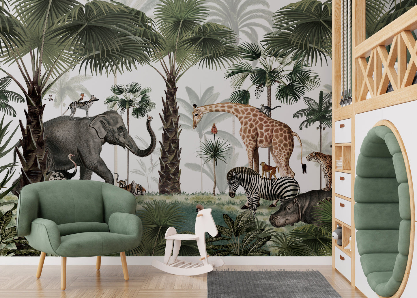 Artistic animal mural with jungle plants and wild creatures.