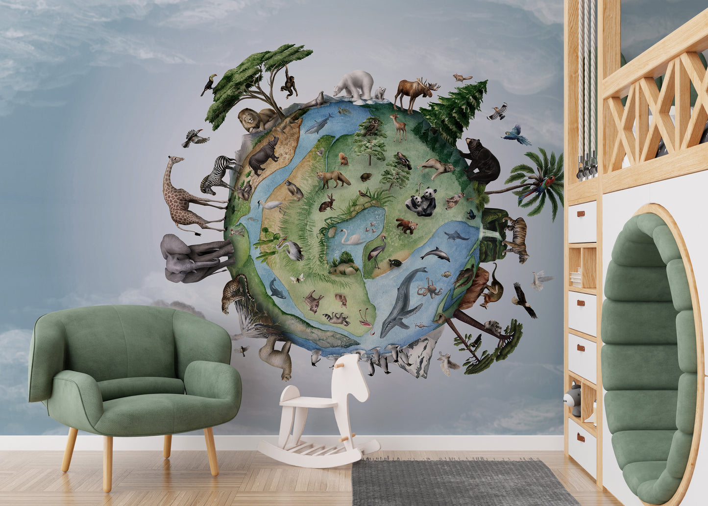 Animal kingdom globe wallpaper with nature-themed details