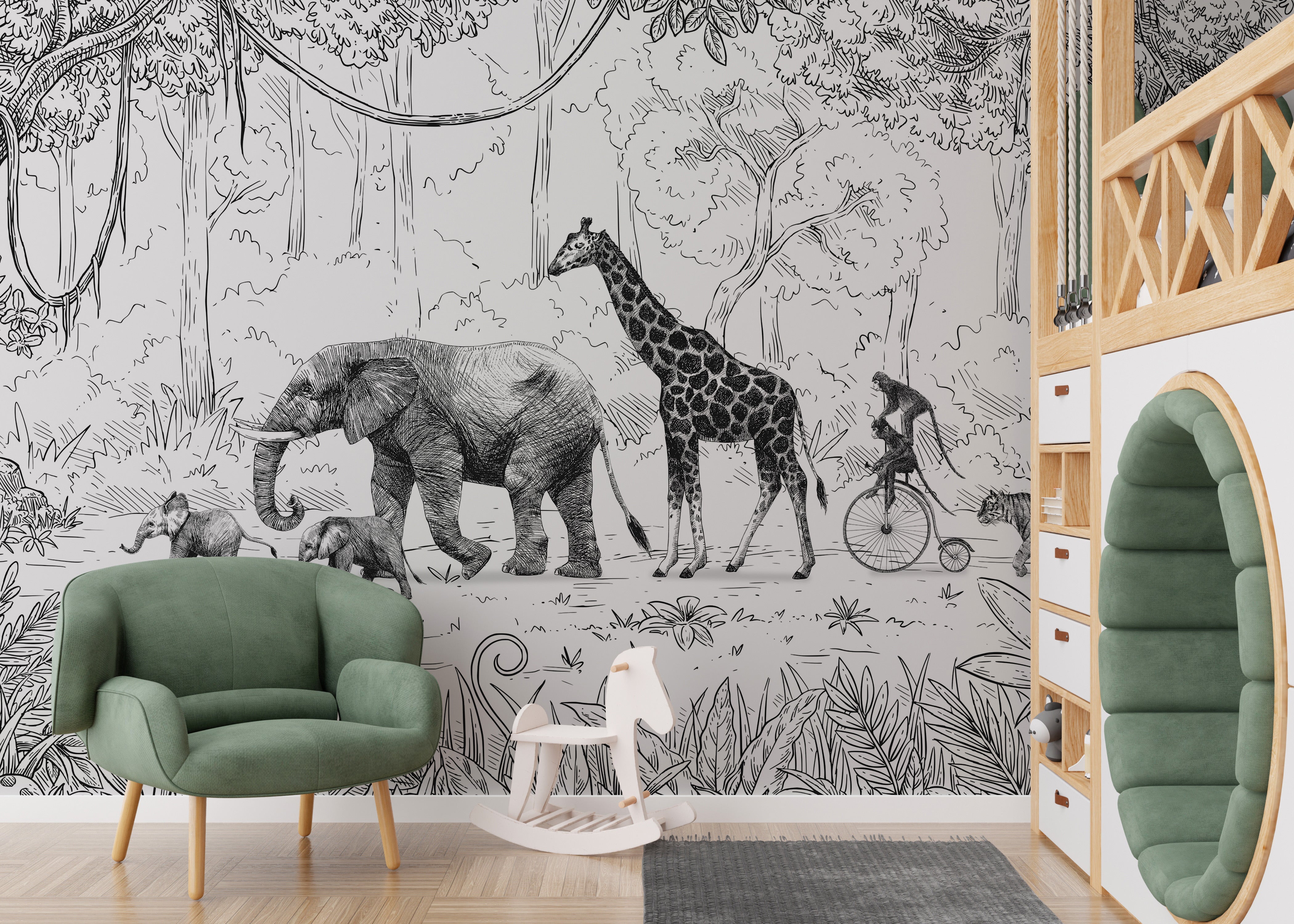 Animal Parade Black and White Wall Mural - Giffywalls