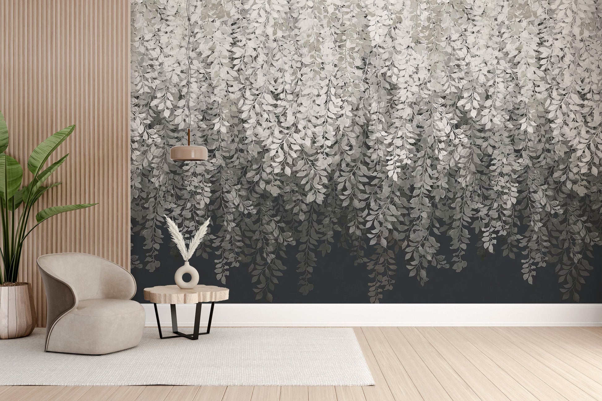 Serene hanging leaves in grey tones
