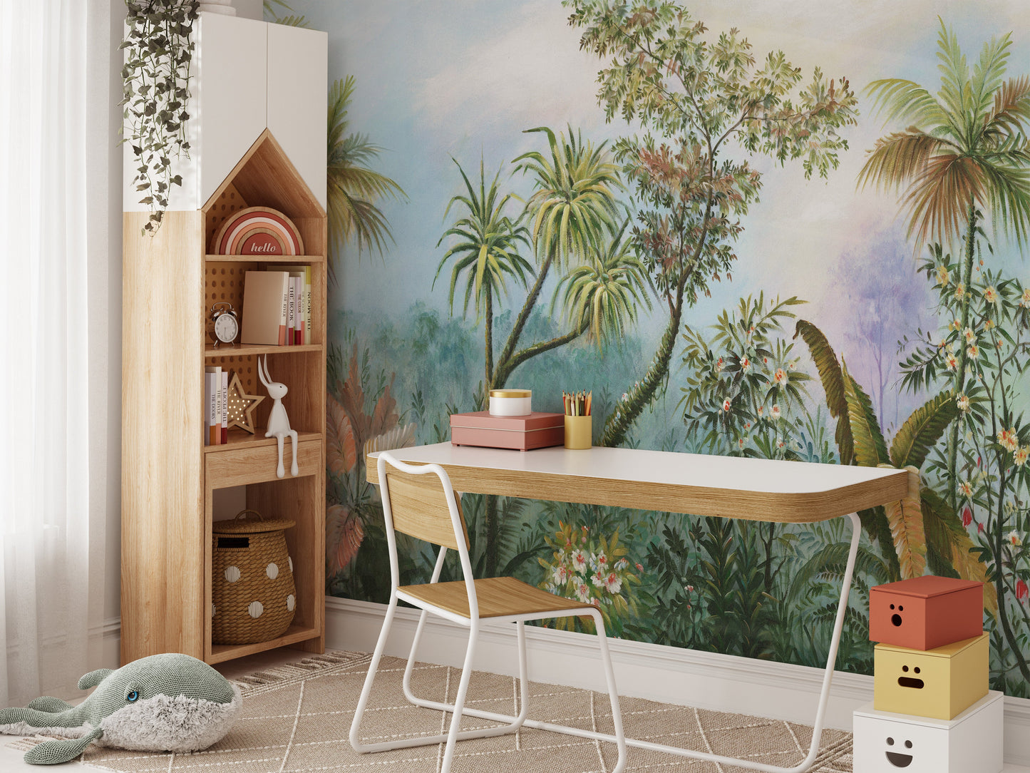 Forest mural with birds and lush greenery
