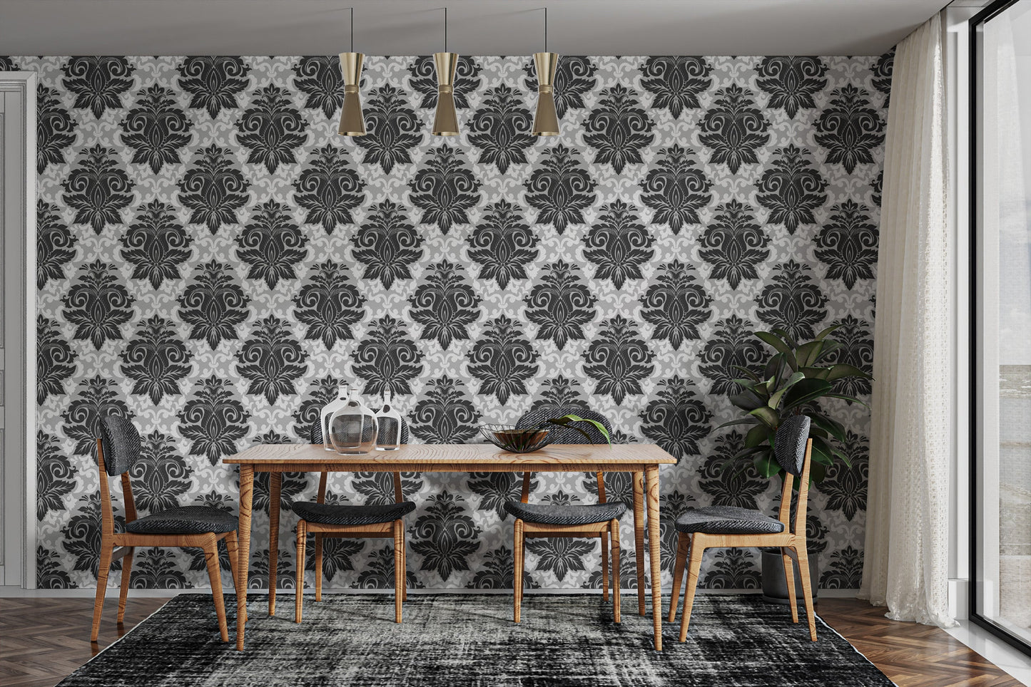 Decorative damask black and white wallpaper mural
