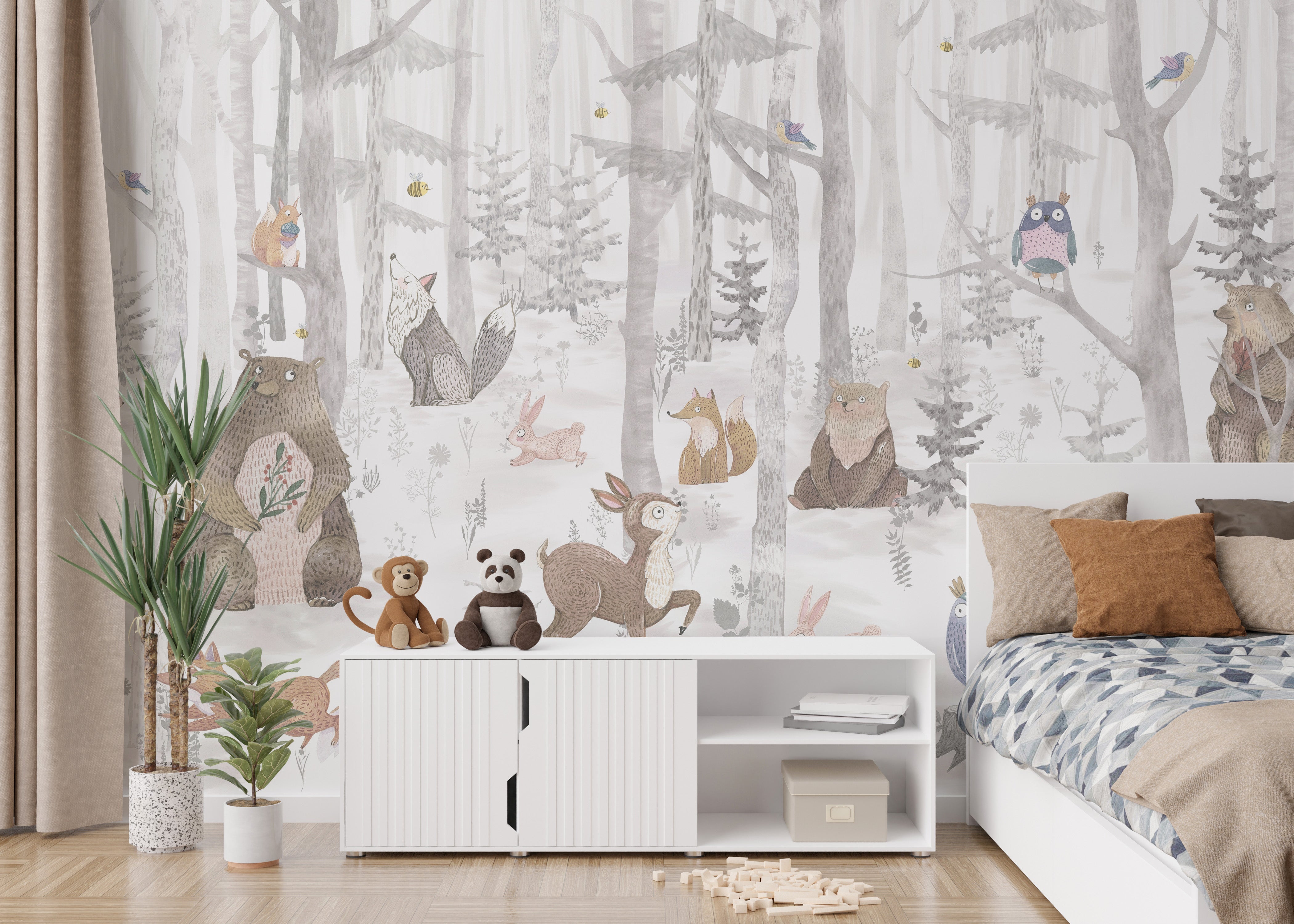 Dreamy animal watercolor kids mural tones
