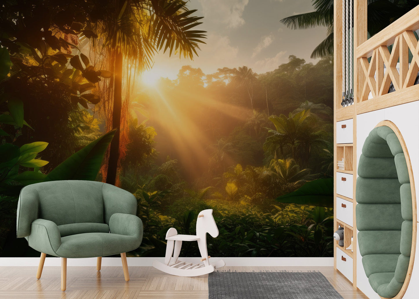 Vibrant rainforest-inspired wallpaper mural for cozy living rooms.