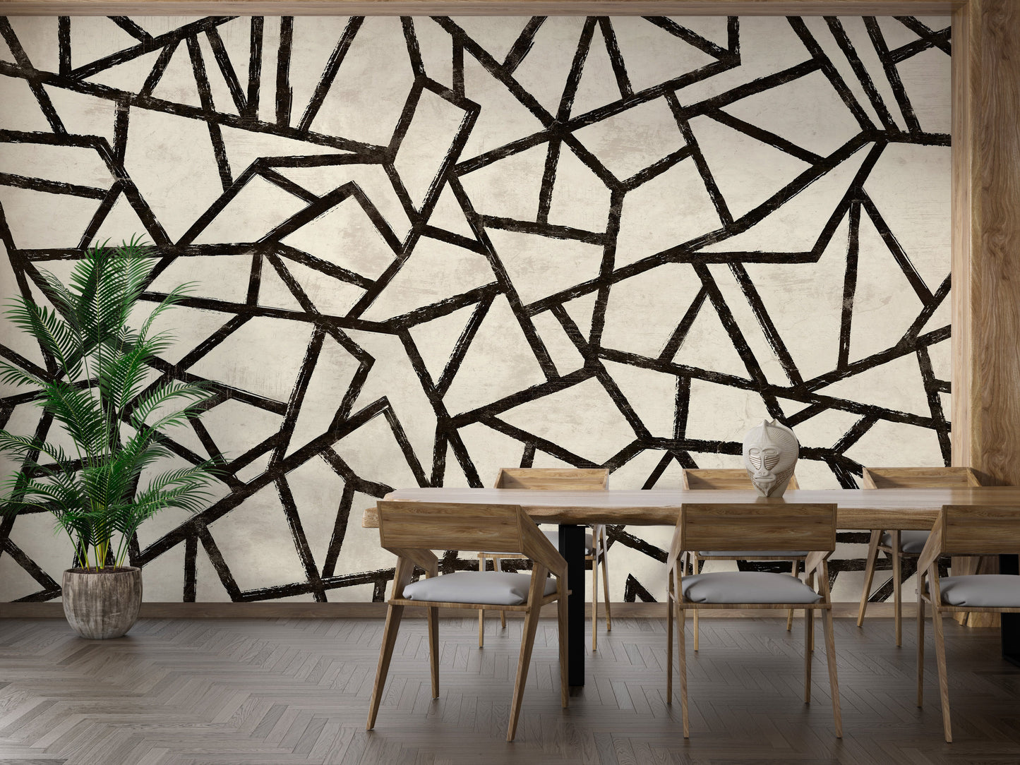 Geometric mural creates an elegant dining room ambiance