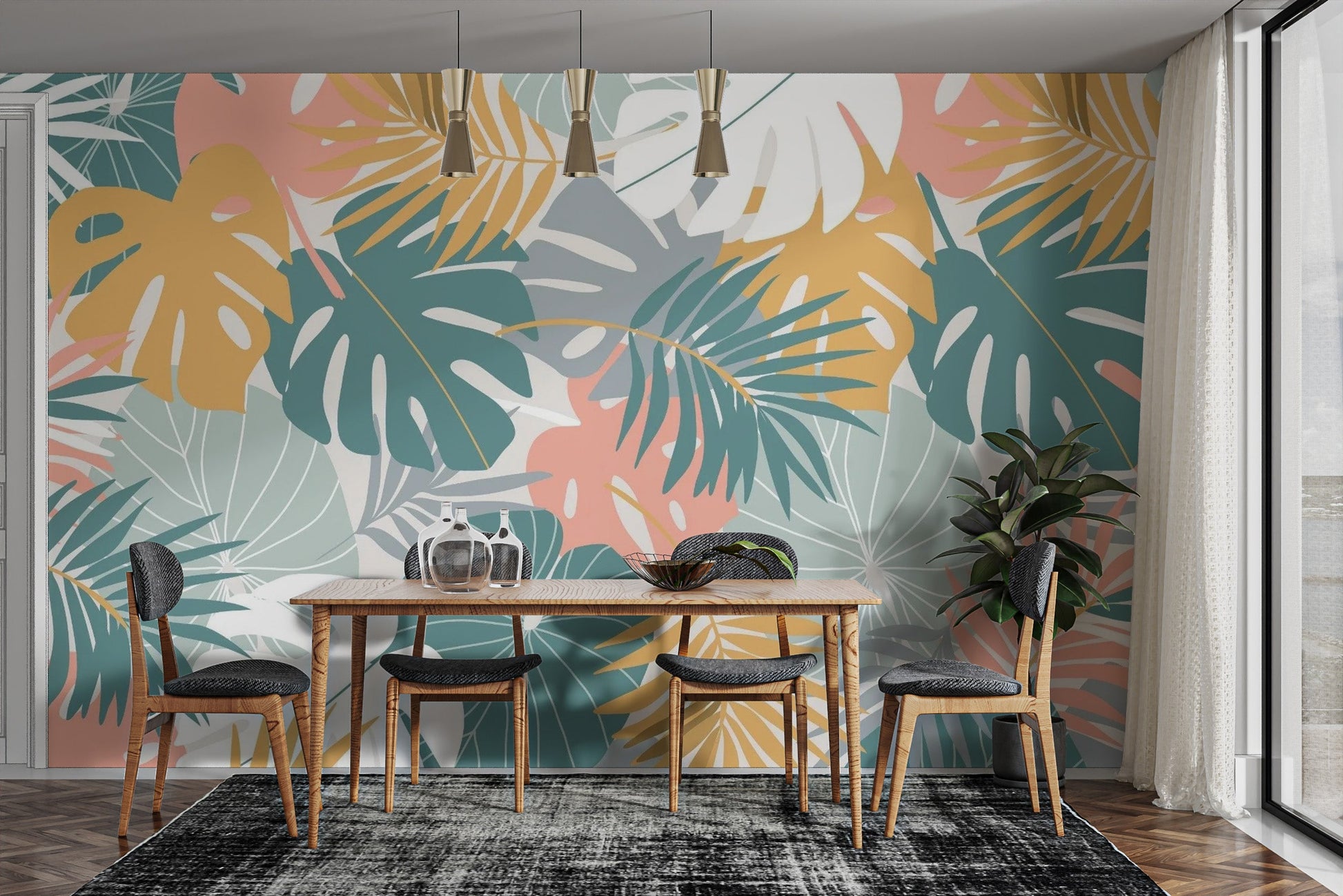 Lush Colorful Tropical Leaves Wall Mural Design