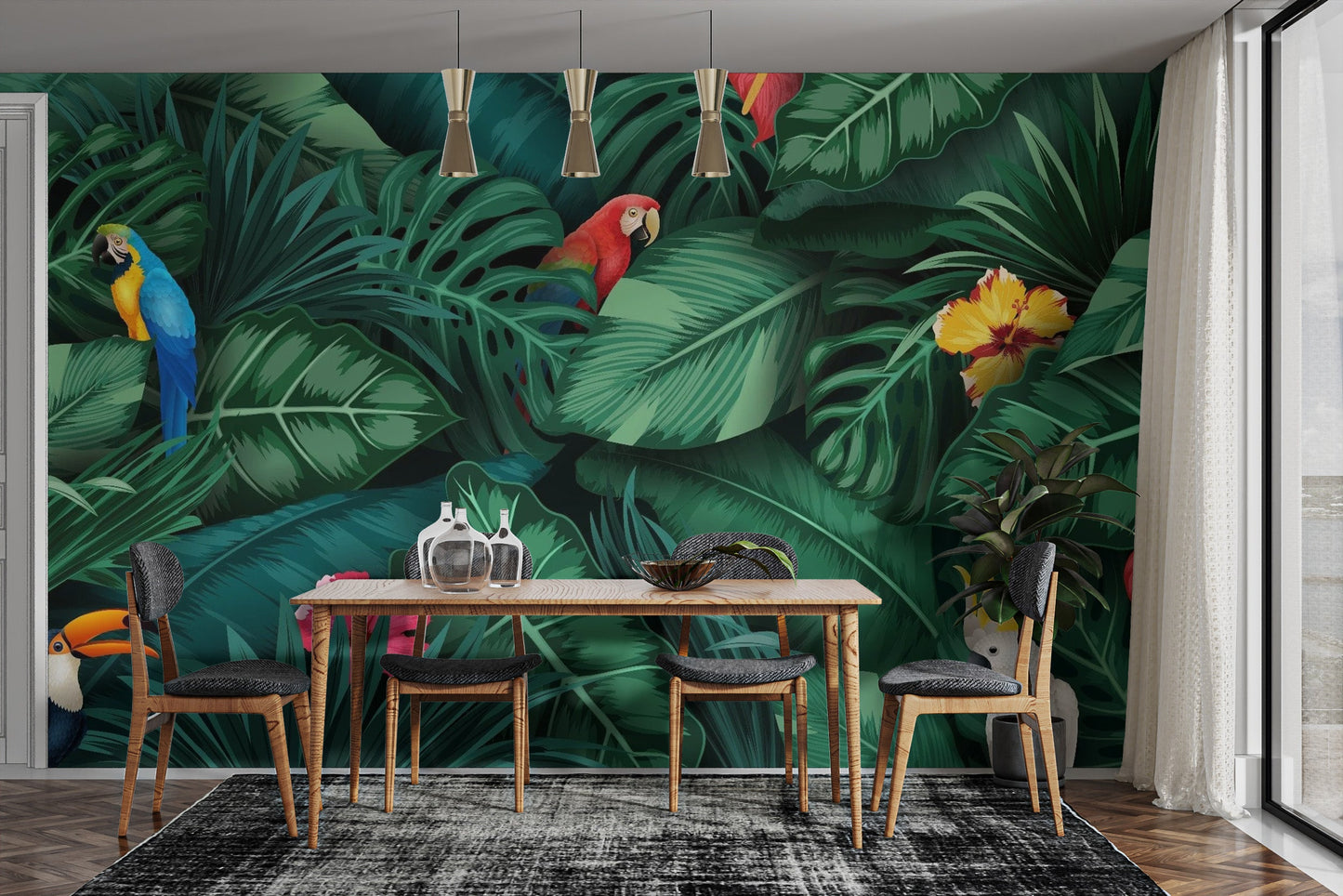 Tropical wallpaper mural with lush foliage and perched birds.