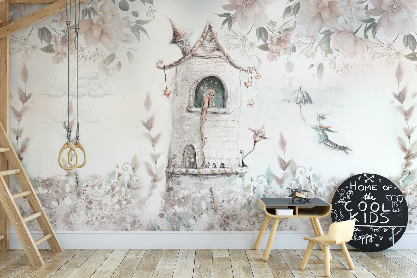 Enchanting princess tower floral wallpaper mural for kids' rooms.