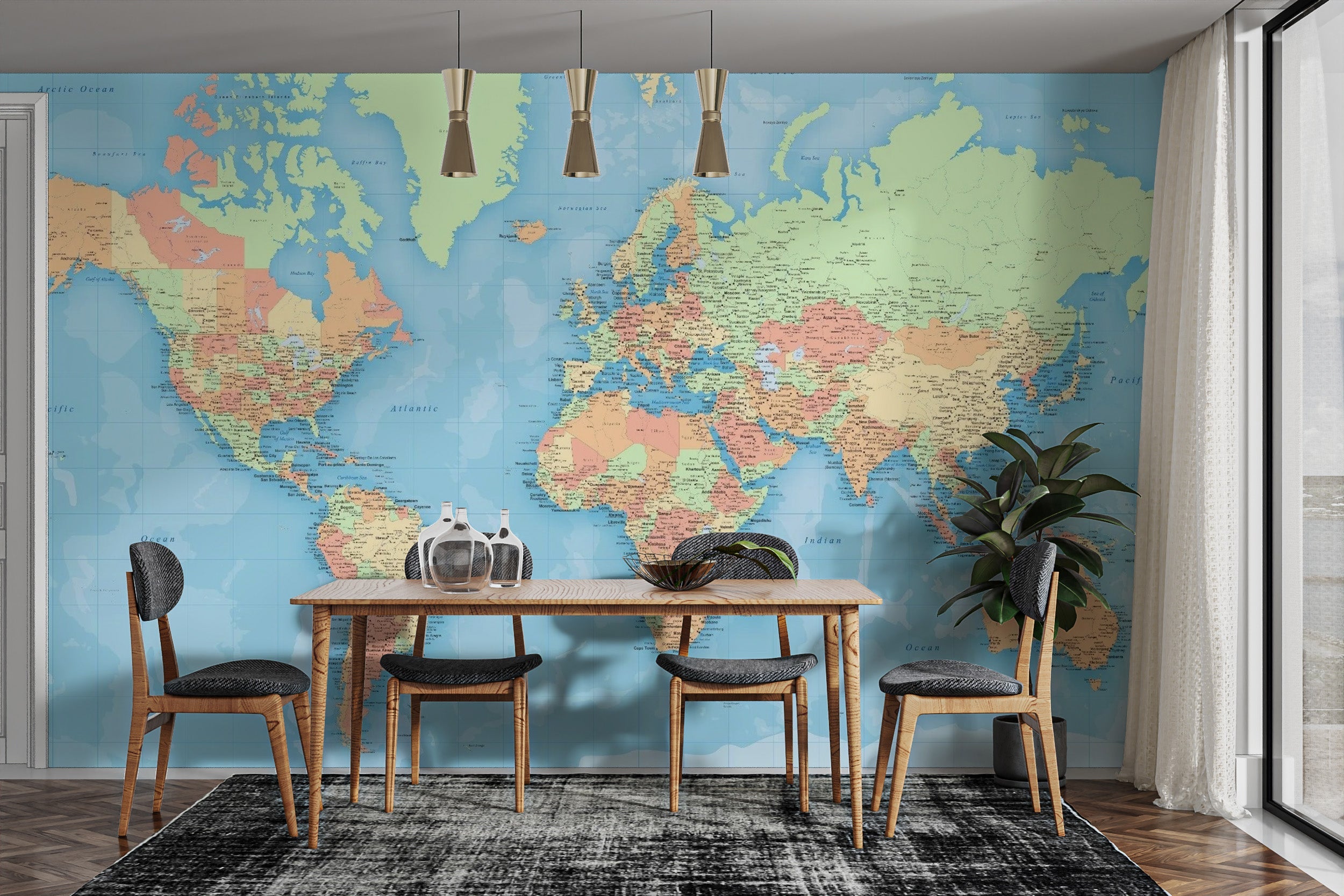 Detailed world map wallpaper mural in bright, cheerful hues.
