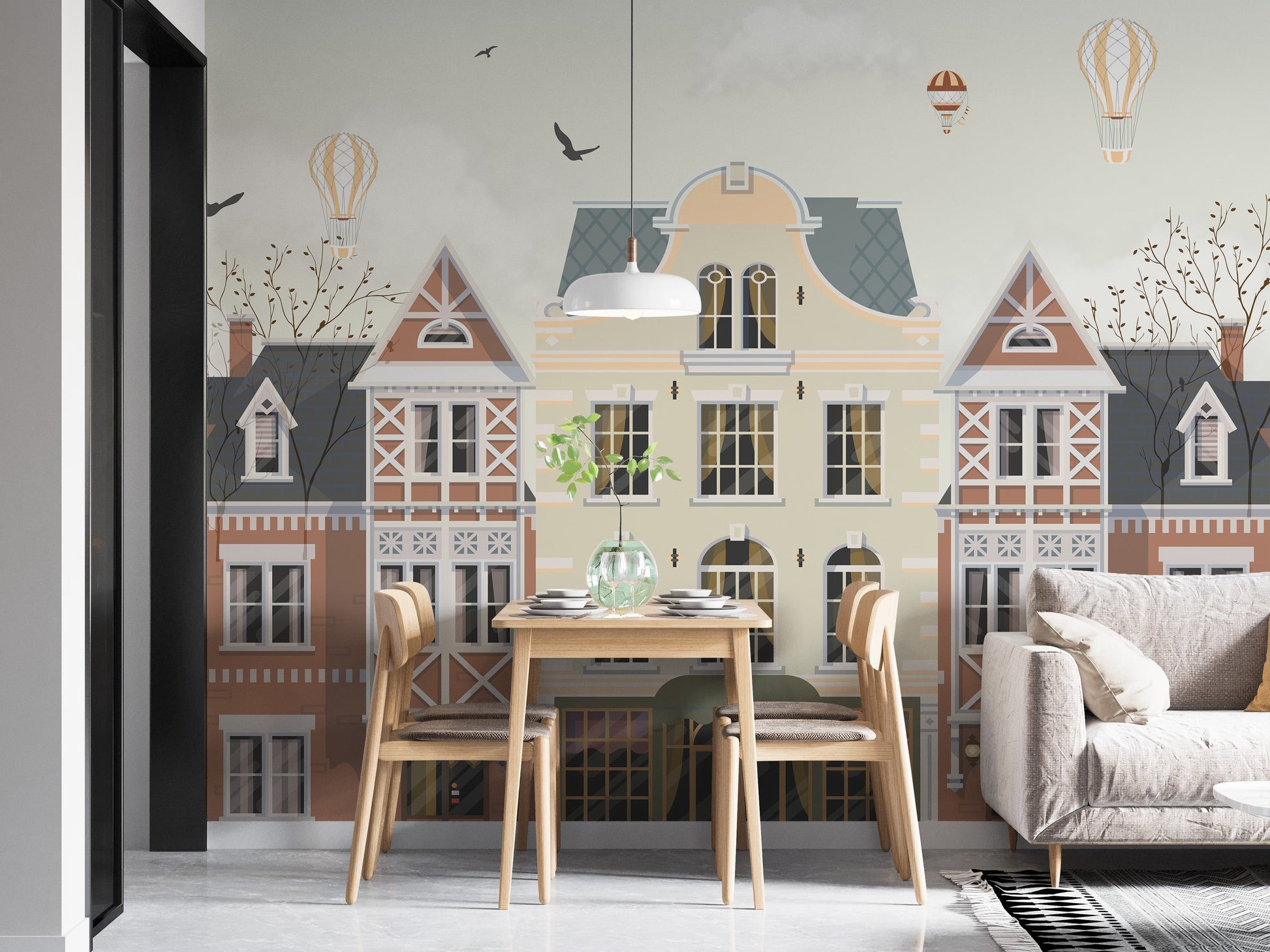 Vintage Townscape Balloons Wall Mural - Giffywalls