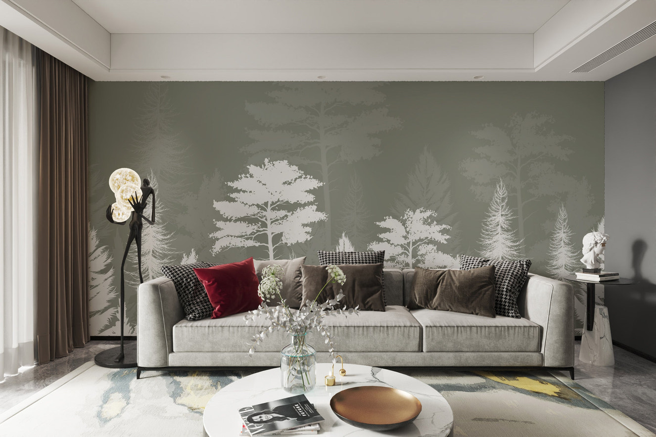 Mystic woods wallpaper mural with enchanting shadow play.
