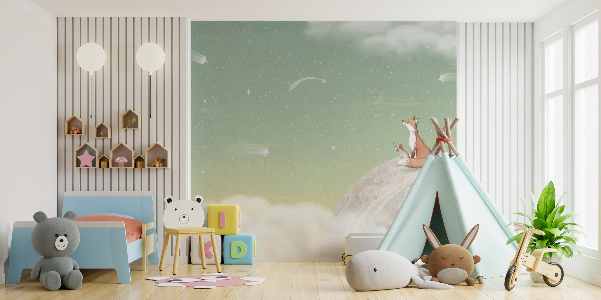 Gentle green fox wallpaper for toddlers rooms