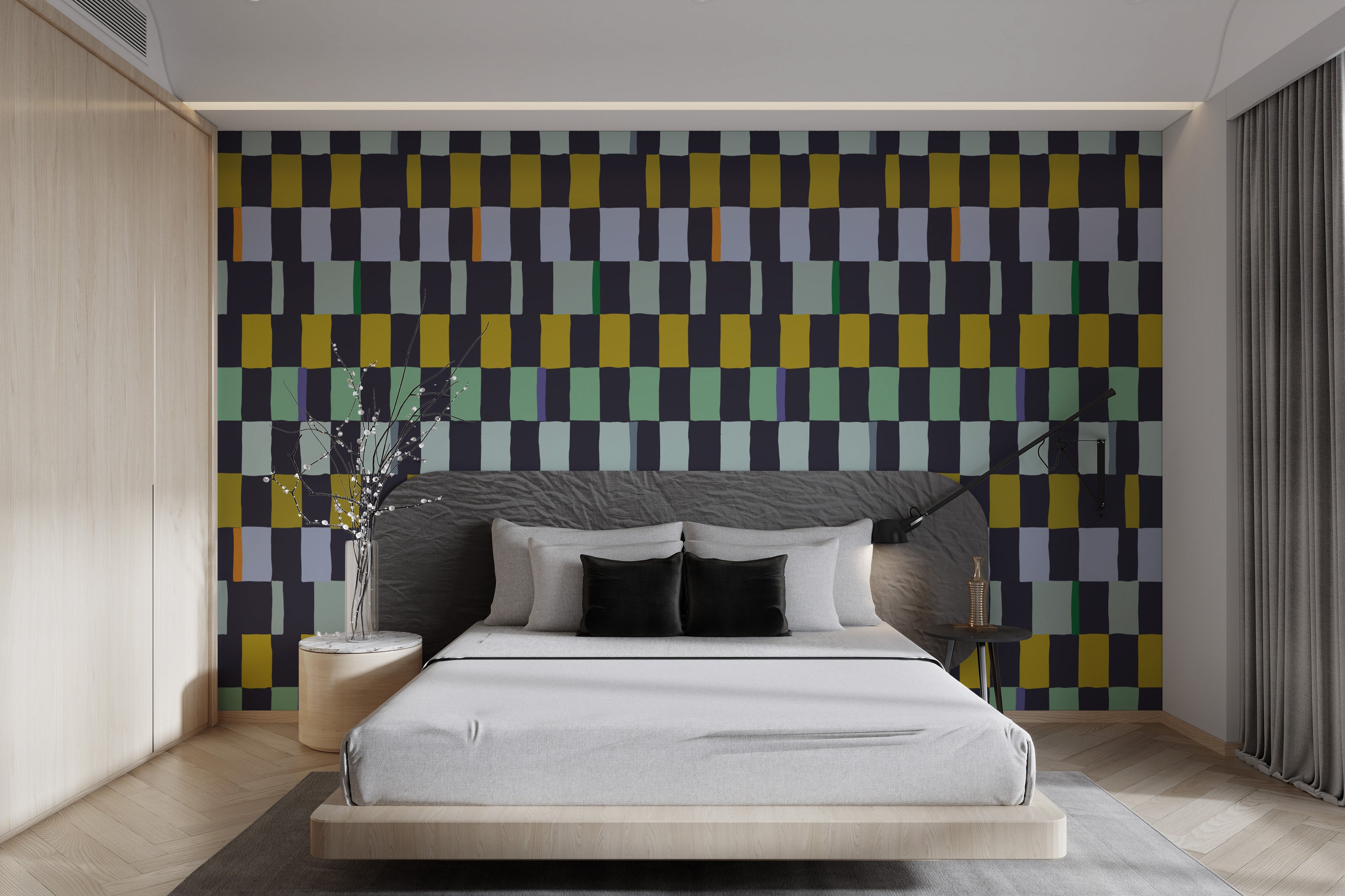 Mosaic quilt wallpaper featuring bold and intricate designs.
